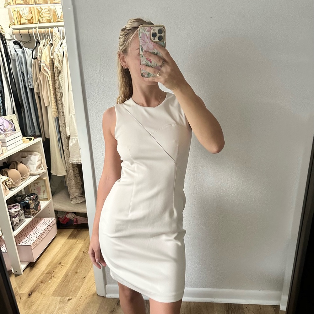 DKNY asymmetrical White leather Sleeveless Dress